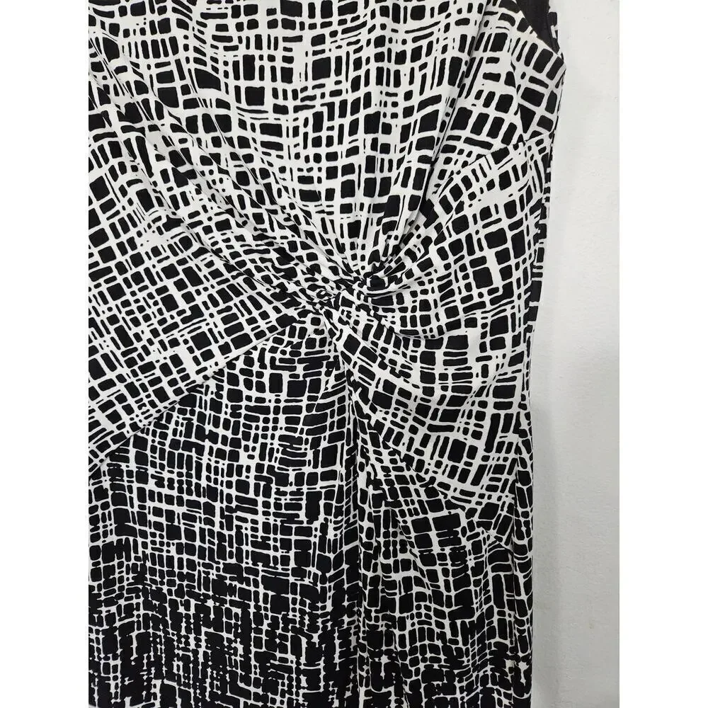 Anne Klein Faux Twist Front Dress Sz 12 Large Black/White Geometric Sleeveless